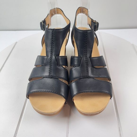 Dansko Black Leather Wedge Sandals - Picture 2 of 7